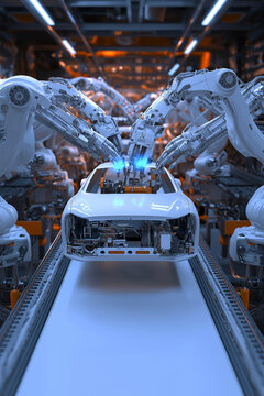 Roboterarm montiert Auto in moderner Fabrikhalle

