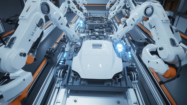 Roboterarm montiert Auto in moderner Fabrikhalle

