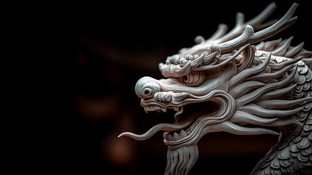 A finely carved wooden dragon sculpture with intricate details and expressive features, capturing the essence of traditional craftsmanship against a dark backdrop.