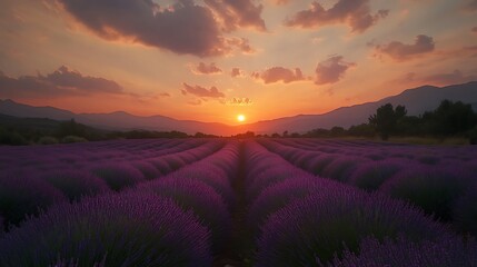 Fototapeta premium Majestic sunset over lavender fields creating a tranquil landscape.
