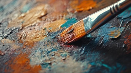 Obraz premium Paintbrush on a Palette with Vibrant Swirls of Color