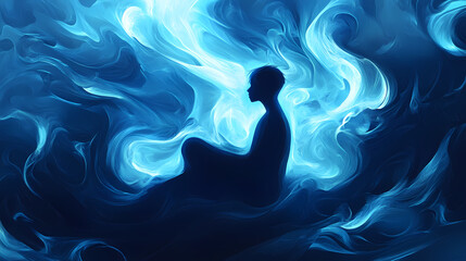 A shadowy figure sits amidst swirling blue smoke, creating an ethereal and mysterious image. Enigma. Illustration