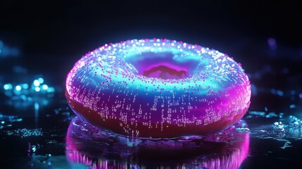 Futuristic digital donut with neon-colored glaze and binary code sprinkles, glowing with LED-like lights, floating above a black reflective surface, in a high-contrast cyberpunk theme.