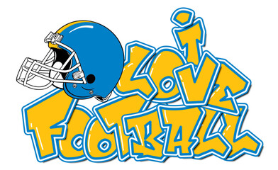 I Love Football - white, yellow and light blue football player helmet, sport vector graphics for street art - graffiti lettering typography - art illustration - multicolor - writen Word -	