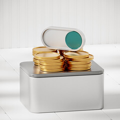 On and off toggle switch button on stack of gold coins. 3D render illustration on podium. white...