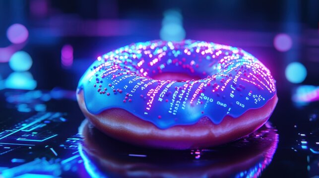 Futuristic digital donut with neon-colored glaze and binary code sprinkles, glowing with LED-like lights, floating above a black reflective surface, in a high-contrast cyberpunk theme.