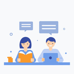 Two people are sitting at a table, one reading a book and the other using a laptop. Concept of learning and productivity, as the two individuals are engaged in their respective tasks