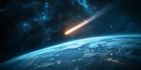 Fototapeta premium Comet passing Earth in space, stunning view of celestial travel and cosmic beauty