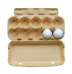 Chicken eggs in box isolated on white background, top view