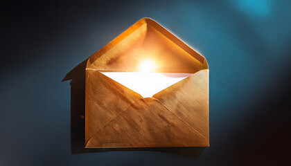 Golden envelope is glowing on a dark background, suggesting important news or message
