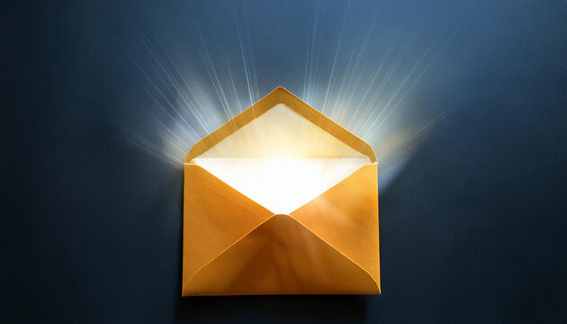 Open golden envelope emanating bright light beams on a dark background, representing important news, divine messages, and hope
