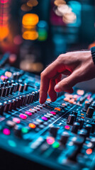 Fototapeta premium Live performance with hand adjusting audio mixer and colorful lights in the background