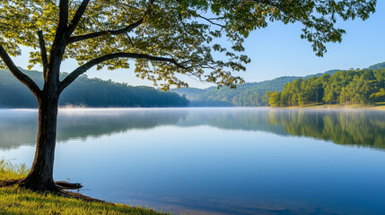 Obraz premium Serene Morning Mist Over Calm Lake Landscape