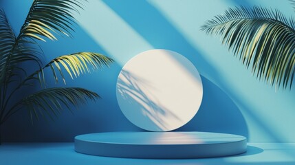 Modern display with shadows and palm leaves on blue backdrop