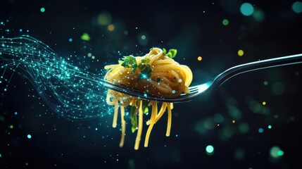 Futuristic spaghetti fork with digital strands of pasta, glowing blue and green data stream effect flowing downwards, suspended in mid-air against a minimalist dark background, showcasing cyber-food