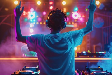 Young DJ in festival atmosphere with neon lights and music.