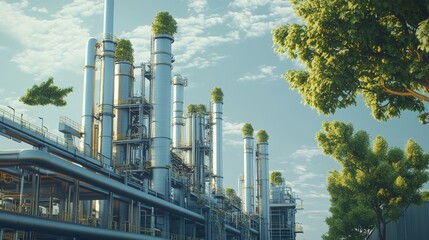 Obraz premium Industrial Landscape with Oil Refinery and Green Trees Generative AI