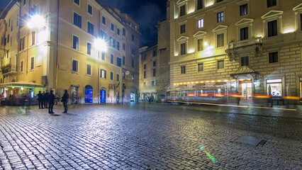 Walk down streets of Rome timelapse hyperlapse from the Pantheon to fountain Trevi showing restaurants and the blur of people at night