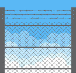 vector barbed wire prison boundary, blue sky and white clouds. 
prison fence