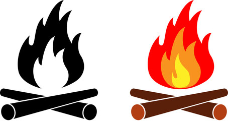 vector bonfire flame illustration. 
red and orange camp light cartoon. 
campfire icon isolated on white background. 
hot fire on firewood