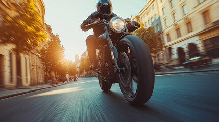 Naklejka premium motorcyclist is riding a black motorcycle on a city street in sunlight