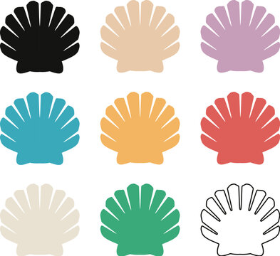 vector sea shell icons isolated on white background. seashell symbols. Colorful collection of ocean scallop animal pictogram. 
simple flat style graphic of seashells