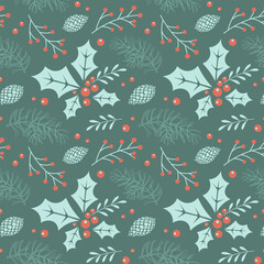 Christmas seamless  pattern with holly berry branches and pine cones. Christmas background. Illustration.