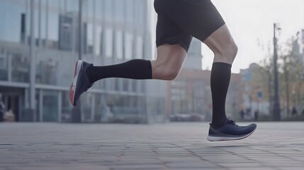 Athletic legs in black shorts and compression socks running on urban street, Horizontal banner for sport brand, fitness app, marathon event, running club, health center, athletic wear, copy space