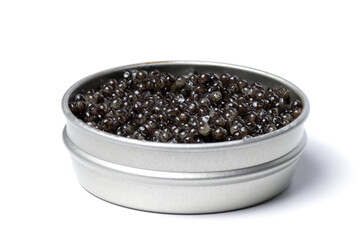 Black sturgeon caviar. Sturgeon caviar on a white background in a jar.