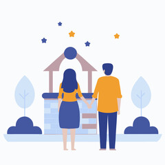 A man and woman are standing in front of a house. The man is wearing an orange shirt and the woman is wearing blue. They are holding hands and looking at the house