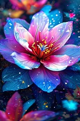 Vivid floral close up with glowing colors, capturing ethereal beauty. Droplets add mystical charm, making vibrant petals stand out.For nature, art enthusiast seeking inspiration, greeting card, print