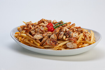 Porção de frango com batatas fritas