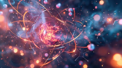 Fototapeta premium Detailed visualization of electrons in an atomic cloud showing their energy levels orbital shapes and quantum states in a clear and educational manner