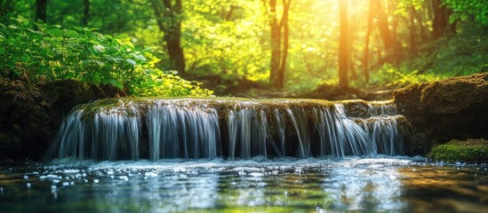 A small waterfall cascades over moss-covered rocks in a lush green forest, with sunlight filtering through the trees.