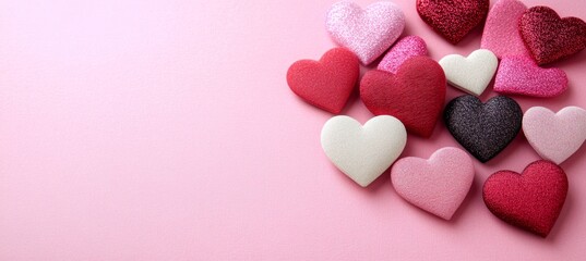 Obraz premium Pink and Red Hearts Scattered on Pink Background, Valentines Day Romance and Love Concept.