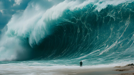 Man Facing Immense Ocean Wave, giant wave, huge wave, massive wave, tsunami, big wave