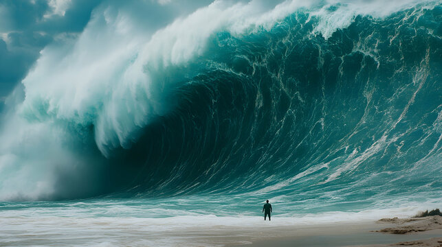 Man Facing Immense Ocean Wave, giant wave, huge wave, massive wave, tsunami, big wave