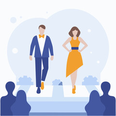 A man and woman are walking down a runway in front of an audience. The man is wearing a suit and tie, while the woman is wearing a yellow dress