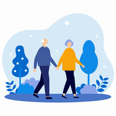 A couple of older people are walking together in a park. The man is wearing a blue shirt and the woman is wearing an orange shirt. The scene is peaceful and serene
