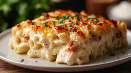 Creamy chicken carbonara bake served on a plate with fresh herbs