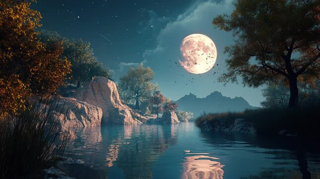 Quiet lake with towering rock under full moon in serene night ambiance
Seamless looping 4k time-lapse virtual video animation Generated AI