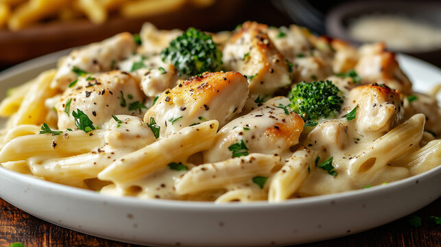 Creamy chicken broccoli alfredo with fresh ingredients served on a plate