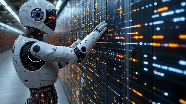 A white robot interacts with a server rack in a data center