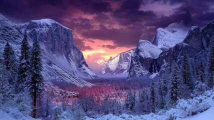 Winter landscape, Yosemite National Park, El Capitan, snow-covered mountains, dramatic sky, purple hues, evergreen forest, snow, icy waterfalls, panoramic vista. Photo of mountains and tree