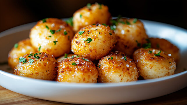 Golden crispy garlic par served on a white plate, garnished with herbs