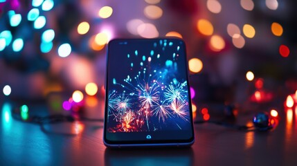 Smartphone showing digital fireworks for New Year’s celebration, surrounded by colorful holiday lights, creating a festive, modern atmosphere, perfect for conveying holiday greetings in a tech-savvy