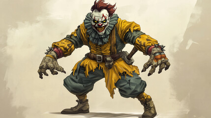 Naklejka premium A creepy fighter dressed as a clown with exaggerated makeup, using tricks and illusions as attacks, fighting game character, concept art, illustration
