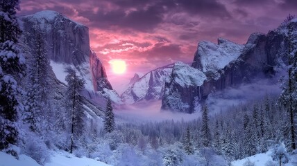Winter landscape, Yosemite National Park, El Capitan, snow-covered mountains, dramatic sky, purple hues, evergreen forest, snow, icy waterfalls, panoramic vista. Photo of mountains and tree