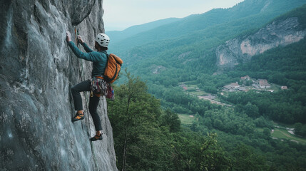 a man climbs a cliff. A climber climbs to the top of the mountain. World Rock Climber's Day