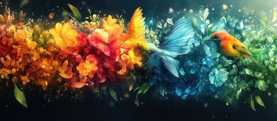 Fototapeta premium Colorful abstract bird with flowers and leaves.
